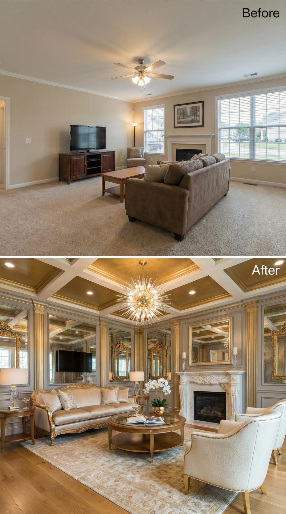 Coffered Gold Ceilings and Gilded Mirrors Swap Carpet and a Builder Fan for Palace-Grade Glamour