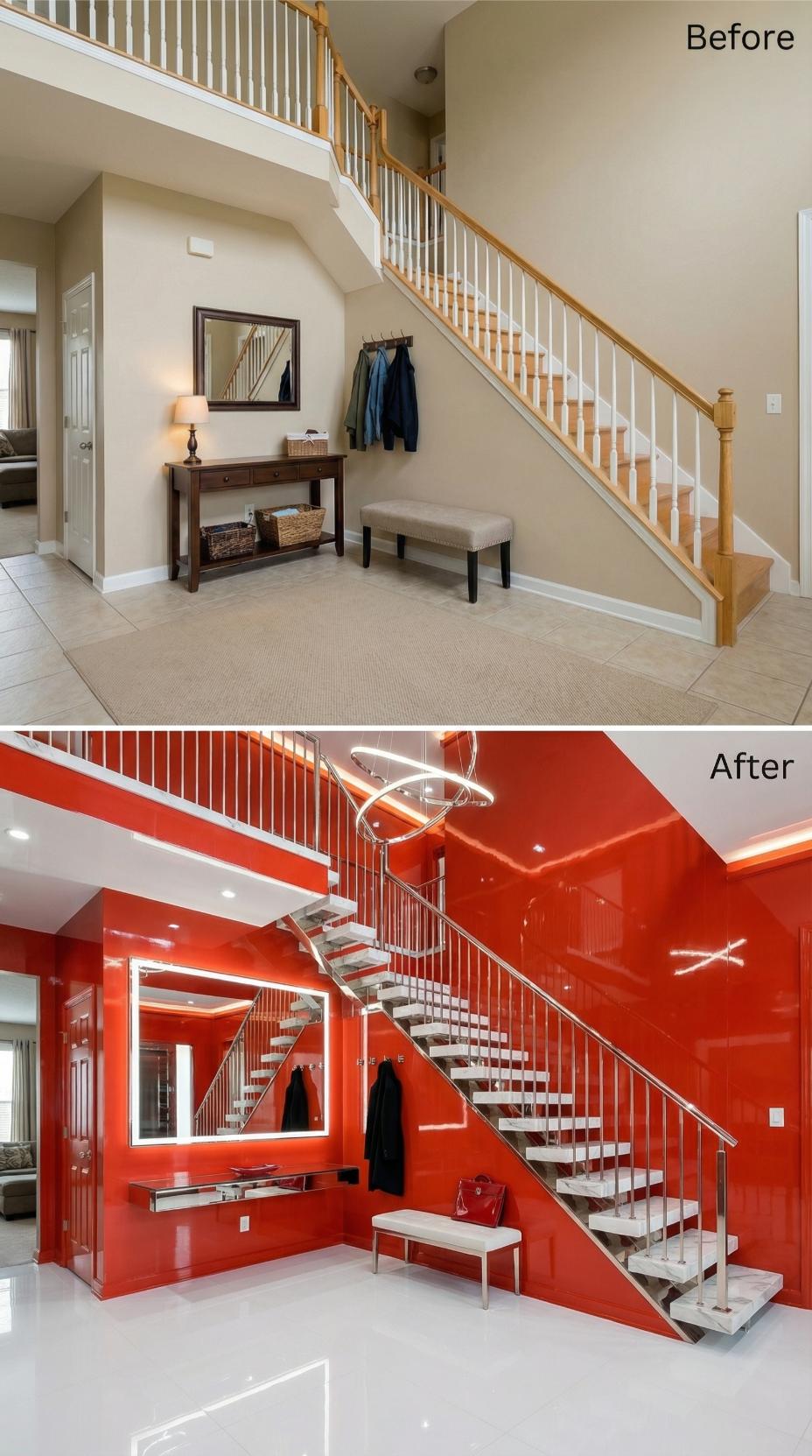 Glossy Red Lacquer, Marble Treads, and Chrome Balusters Replace Oak and Builder Beige