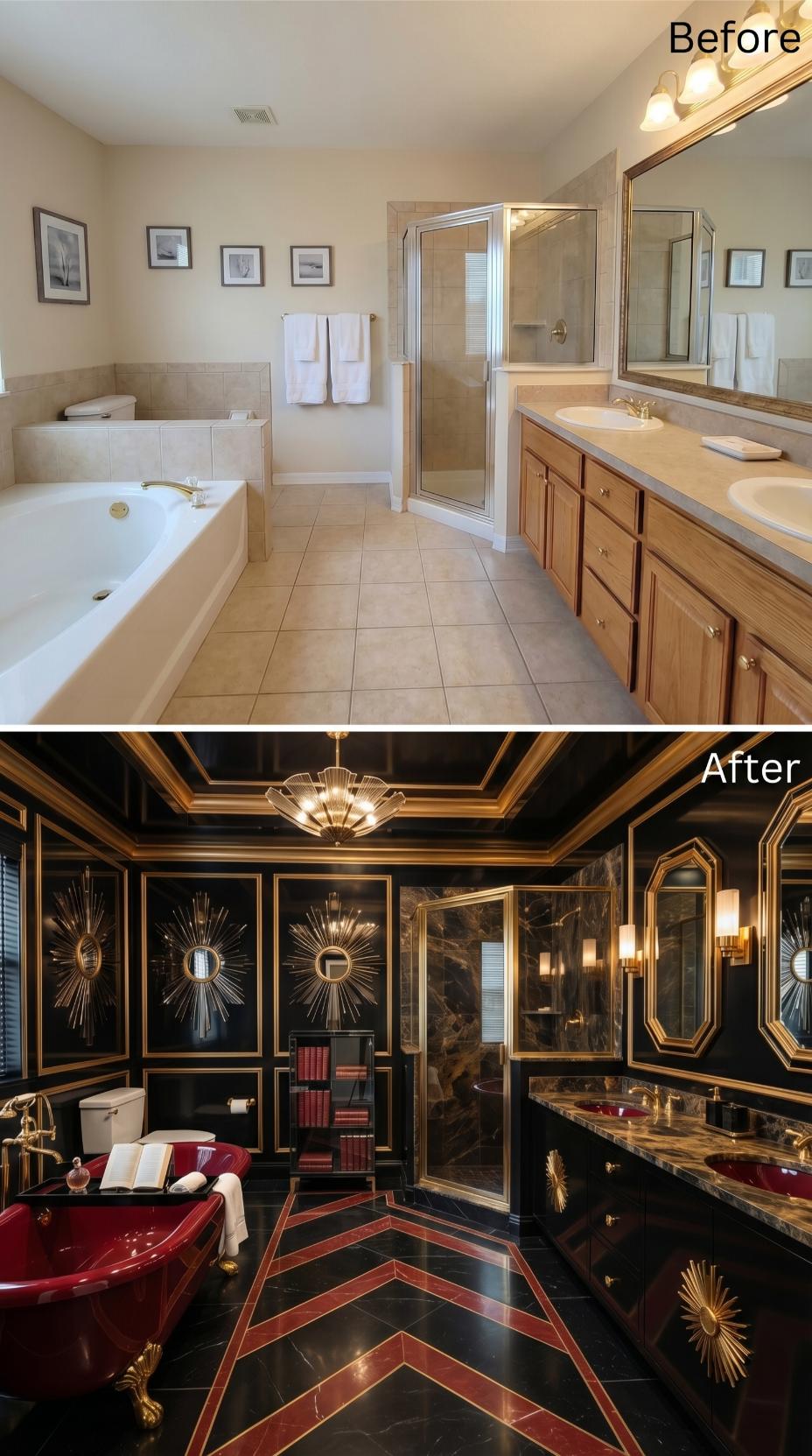 Black Lacquer Walls, a Red Clawfoot Tub, and Art Deco Gold That Buried the Builder Grade