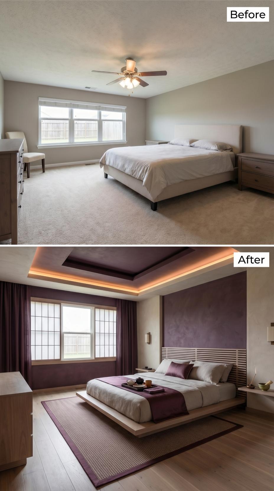 Plum Venetian Plaster and a Coffered Tray Ceiling Trade Carpet for Japanese-Inspired Calm