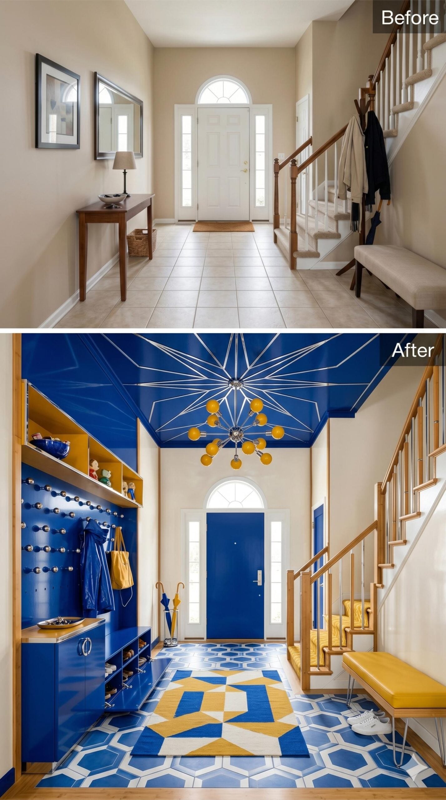 Royal Blue Lacquer, Sputnik Chandelier, and Hexagon Tile Give a Foyer Real Conviction