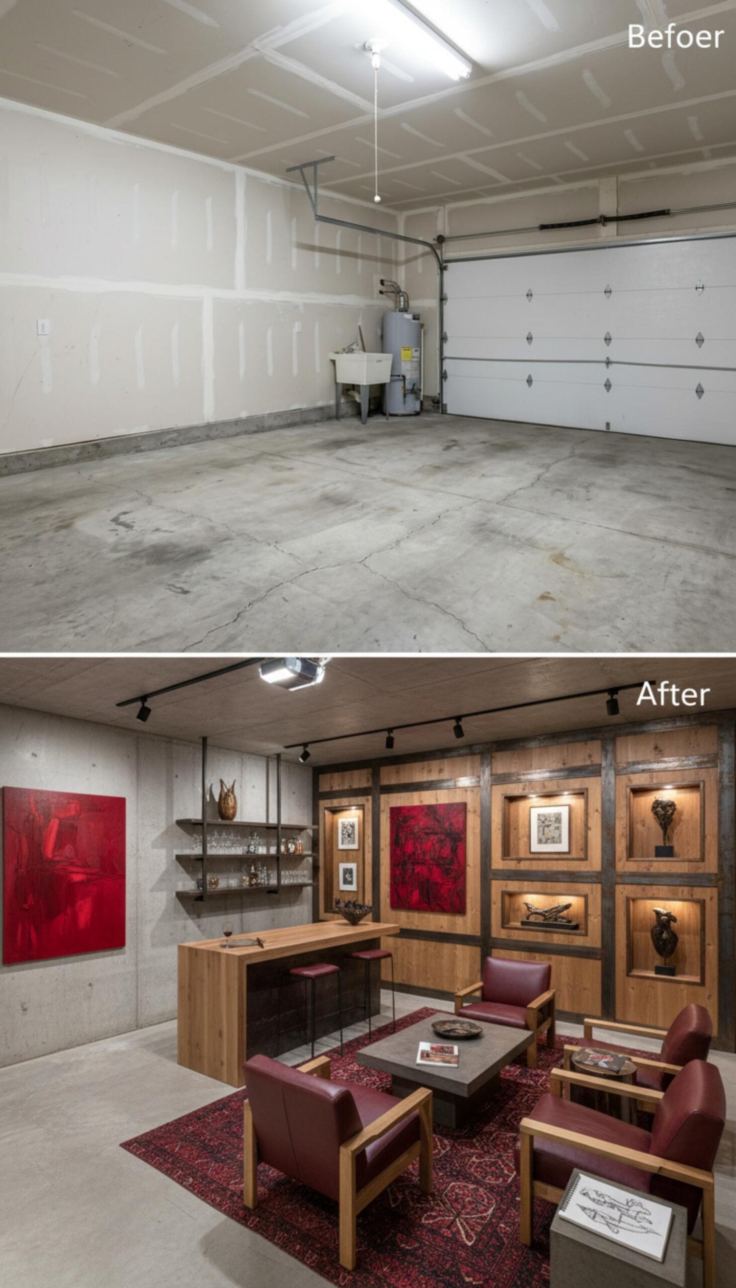 Raw Concrete Walls and Illuminated Wood Panels Build a Garage Art Lounge