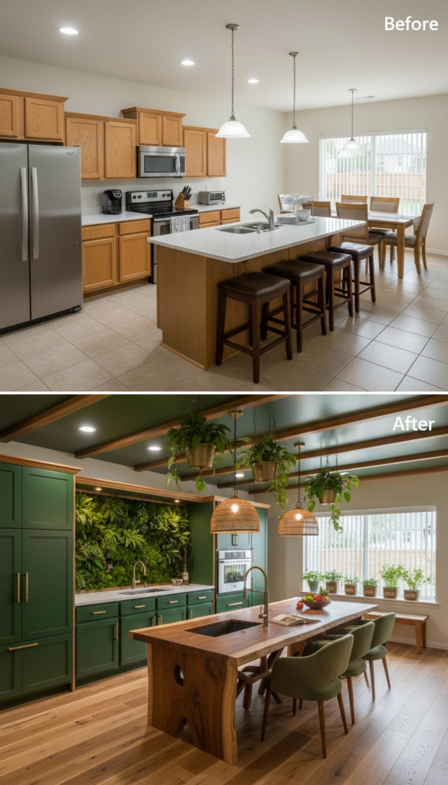Forest Green Cabinets, a Living Plant Wall, and Exposed Ceiling Beams Pull a Kitchen Into the Canopy