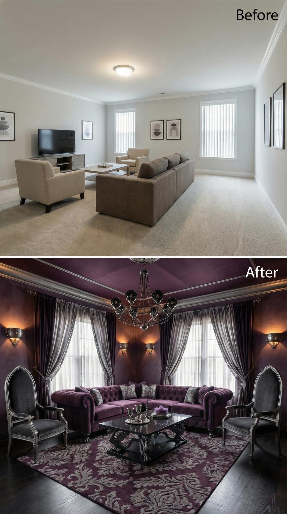 Plum Velvet Tufting and a Gothic Chandelier Finished the Beige Box for Good