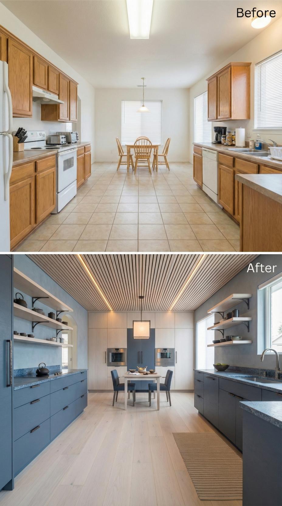 Slate Blue Drawers and a Slatted Wood Ceiling Retired the Honey Oak for Good