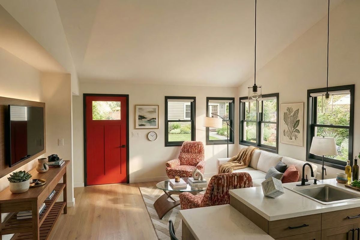 Red Door and Patterned Chairs Anchor an Open-Plan Living Space