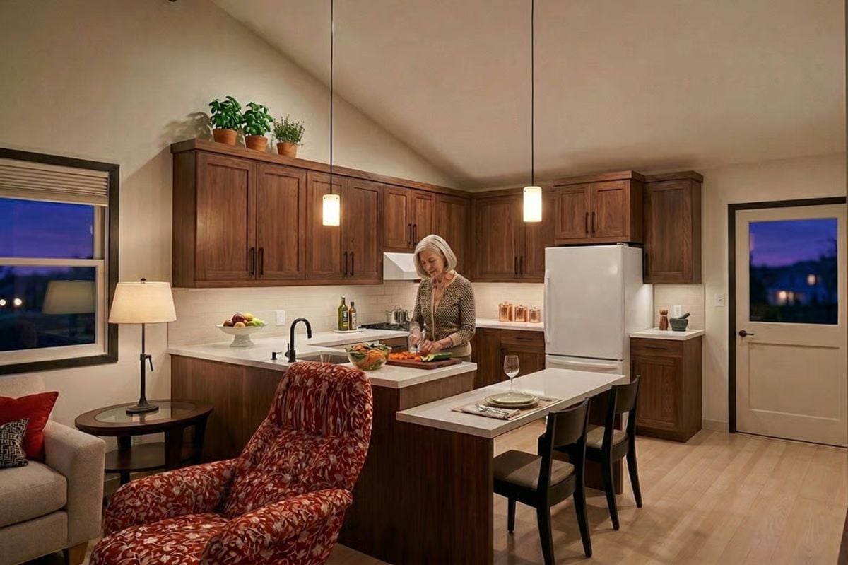 Pendant Lights and Walnut Cabinets Frame an Efficient Kitchen for One