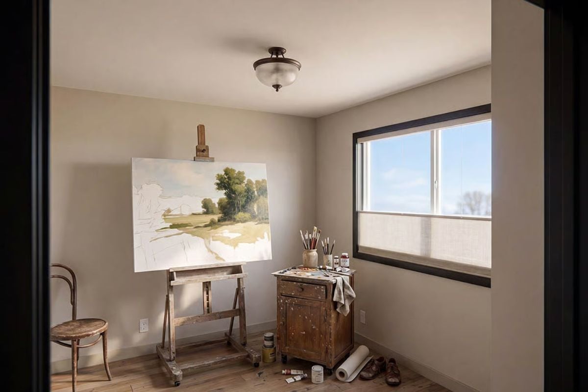 Rustic Easel and Paint-Spattered Cabinet Turn a Spare Room into a Working Studio