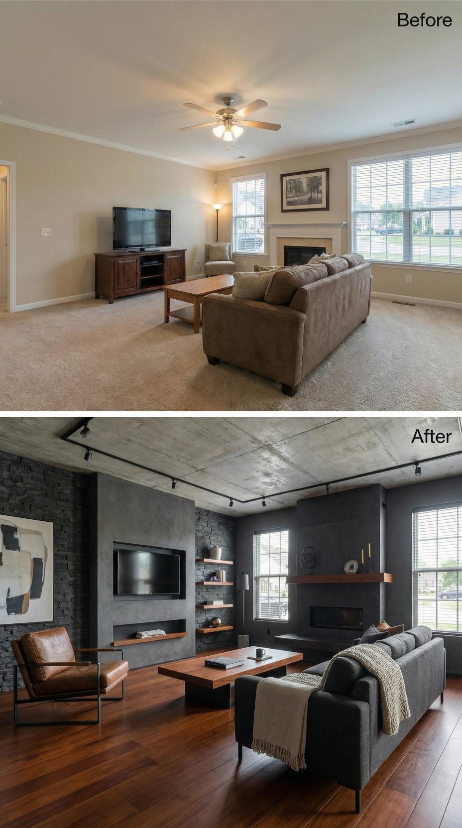 Dark Stacked Stone, Concrete Ceiling, and Track Lighting Replace Beige Carpet and a Builder Fan