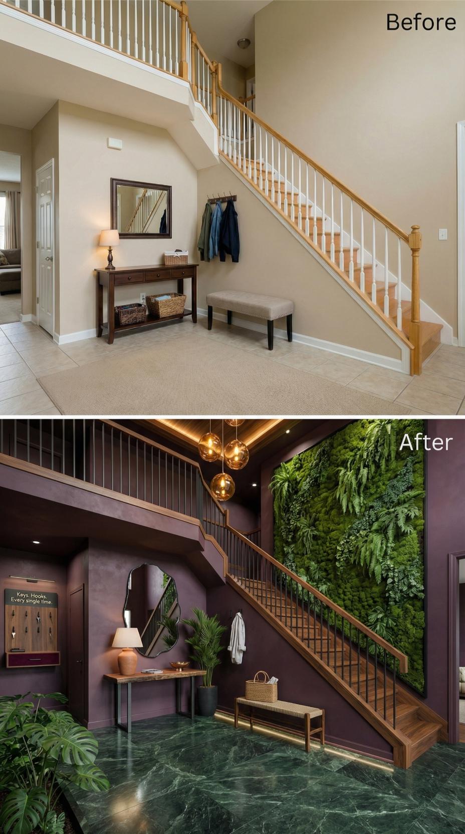 Plum Walls, a Living Green Wall, and Globe Pendants Solve the Key Problem for Good