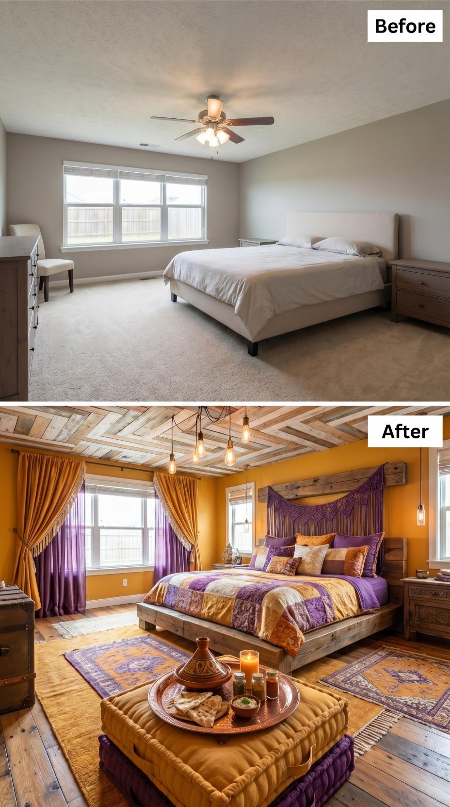 Saffron Walls and a Chevron Reclaimed-Wood Ceiling Swap Carpet for Moroccan-Inspired Warmth