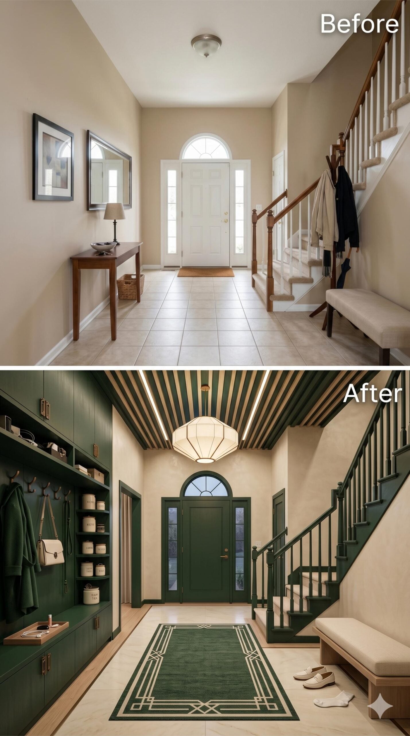 Forest Green Built-Ins, a Striped Barrel Ceiling, and Brass Hardware Pull a Foyer Into Focus