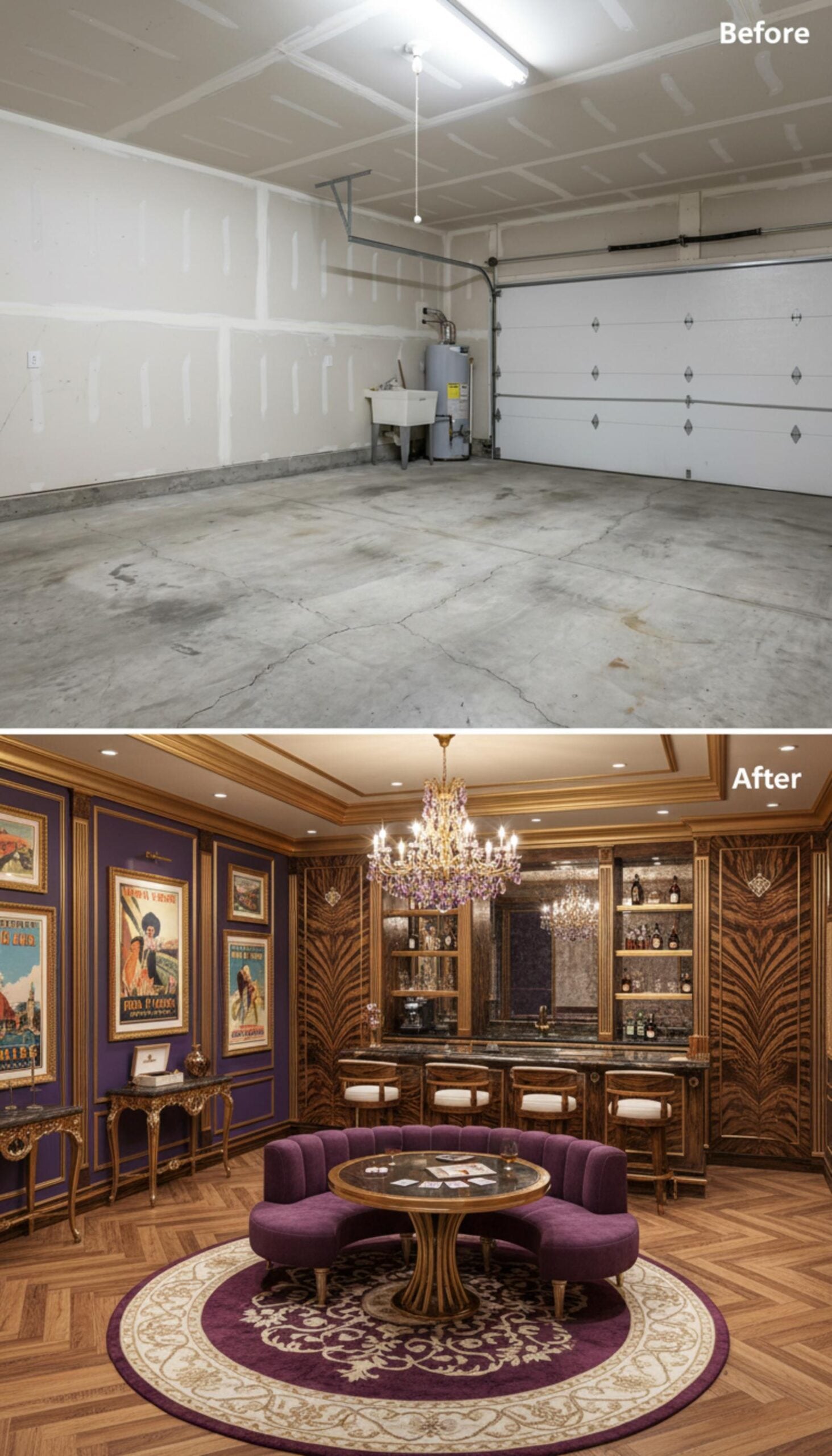 Purple Velvet, Zebrawood Panels, and Gold Molding Build a Garage Speakeasy