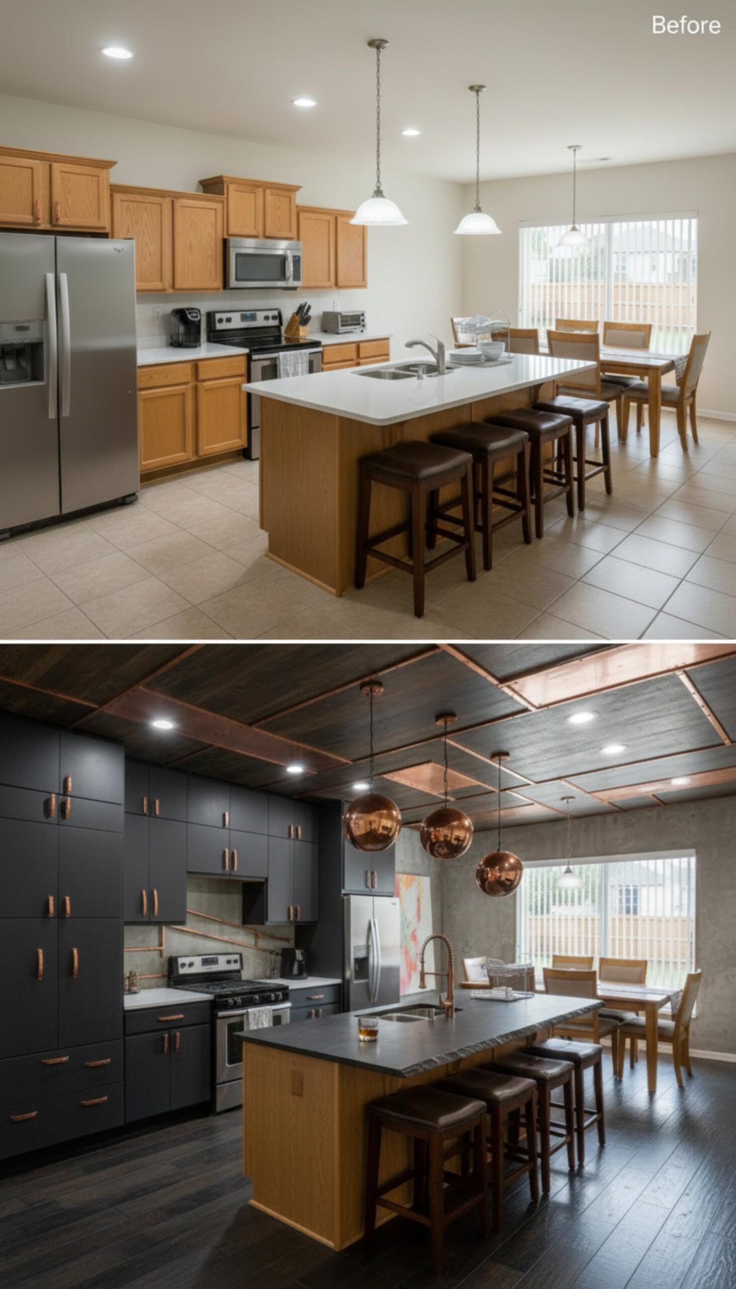 Copper Hardware, Graphite Cabinets, and a Coffered Ceiling Trimmed in Rose Metal