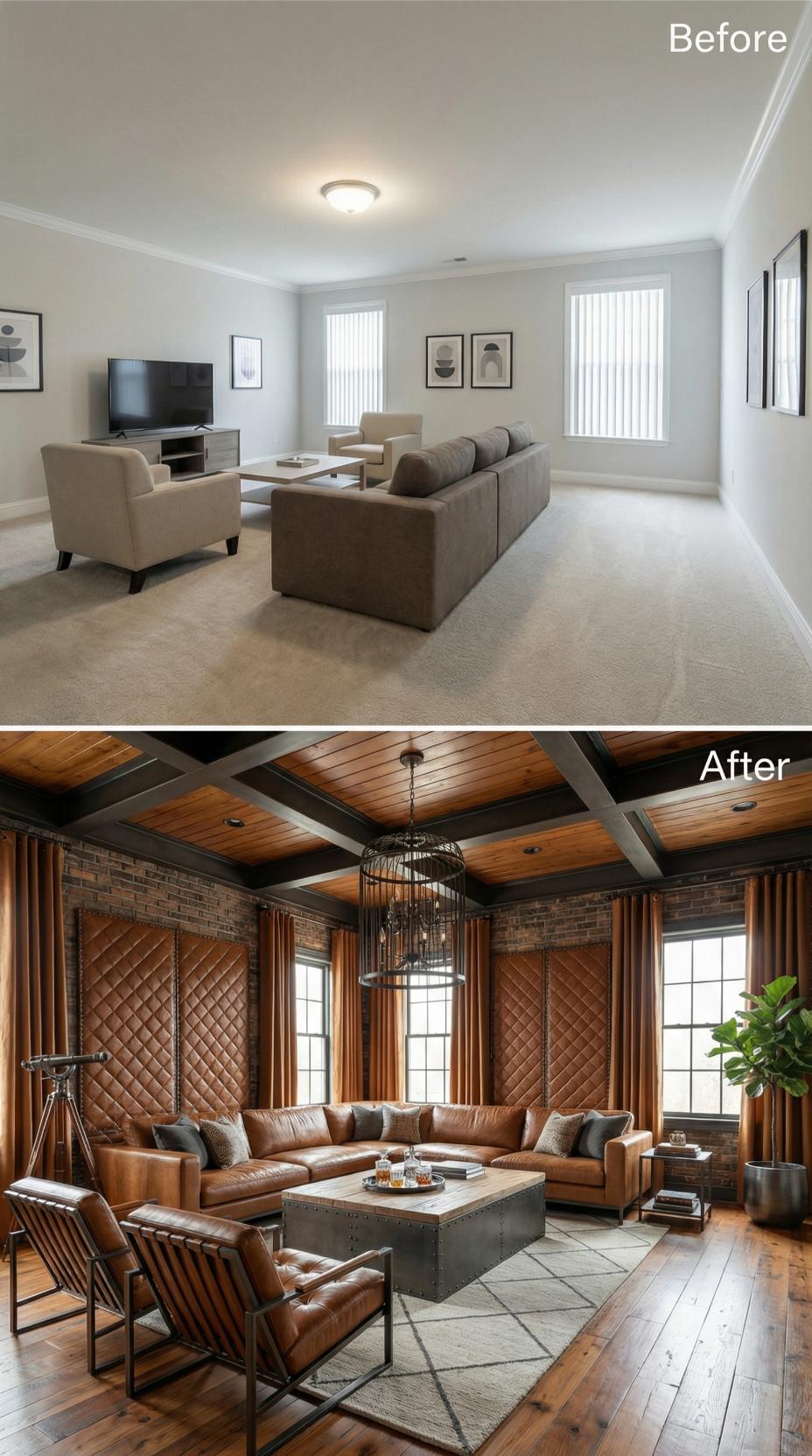 Cognac Leather Wall Panels and Coffered Wood Ceilings Finished the Drywall Era