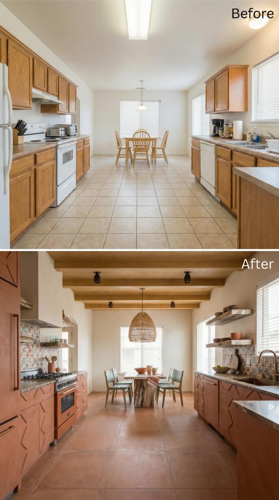 Scored Terracotta Cabinetry and Exposed Ceiling Beams Retired the Honey Oak Permanently