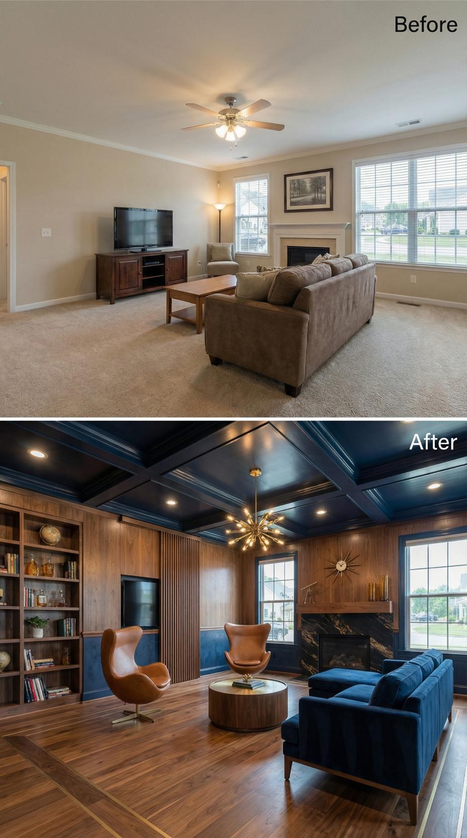 Navy Coffered Ceiling and Walnut Paneling Replace Beige and Carpet
