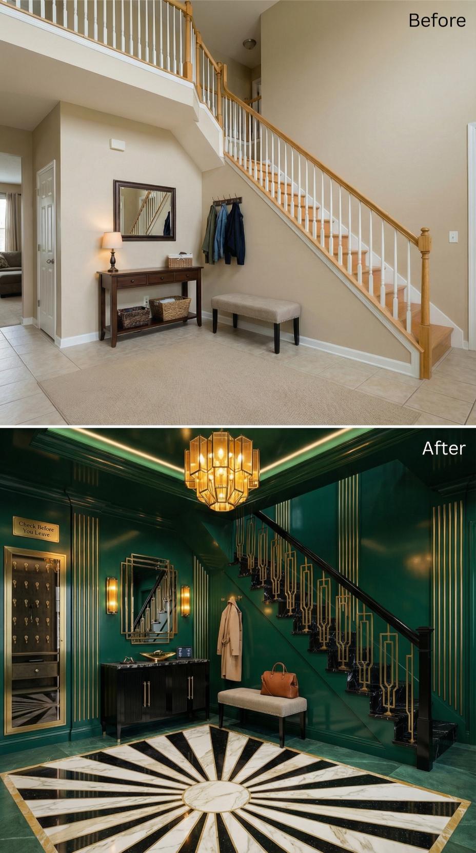 Hunter Green Lacquer, Gold Balusters, and a Sunburst Marble Floor Replace Oak and Beige