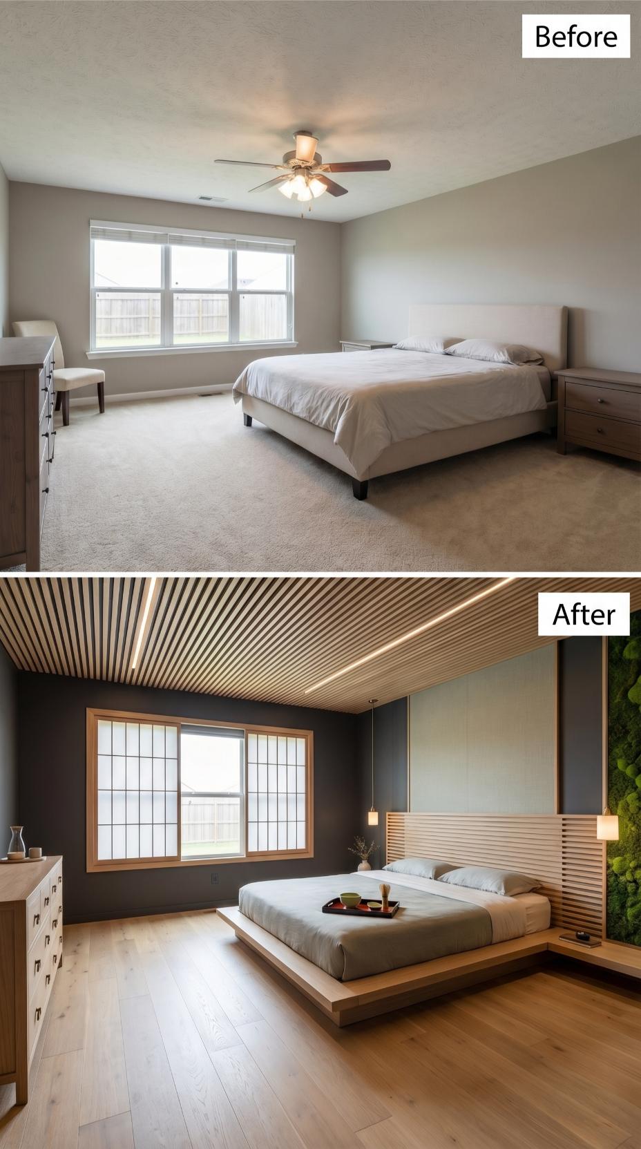 Shoji Glass and Wood Slat Ceiling Replace Carpet and Ceiling Fan