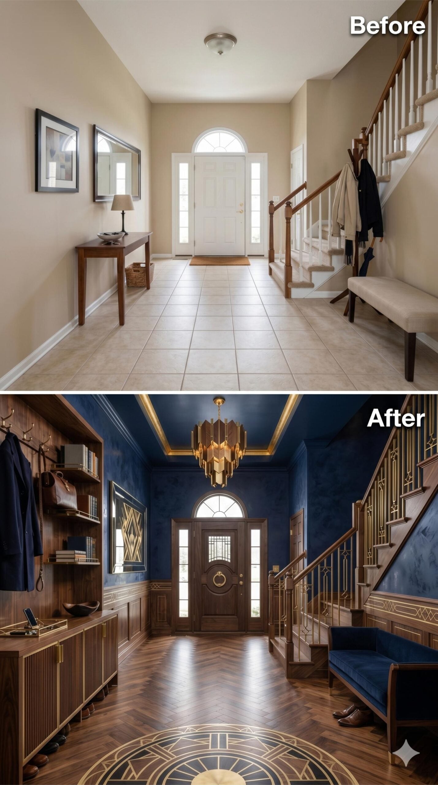 Navy Walls and Herringbone Parquet Turn a Foyer Into an Art Deco Statement