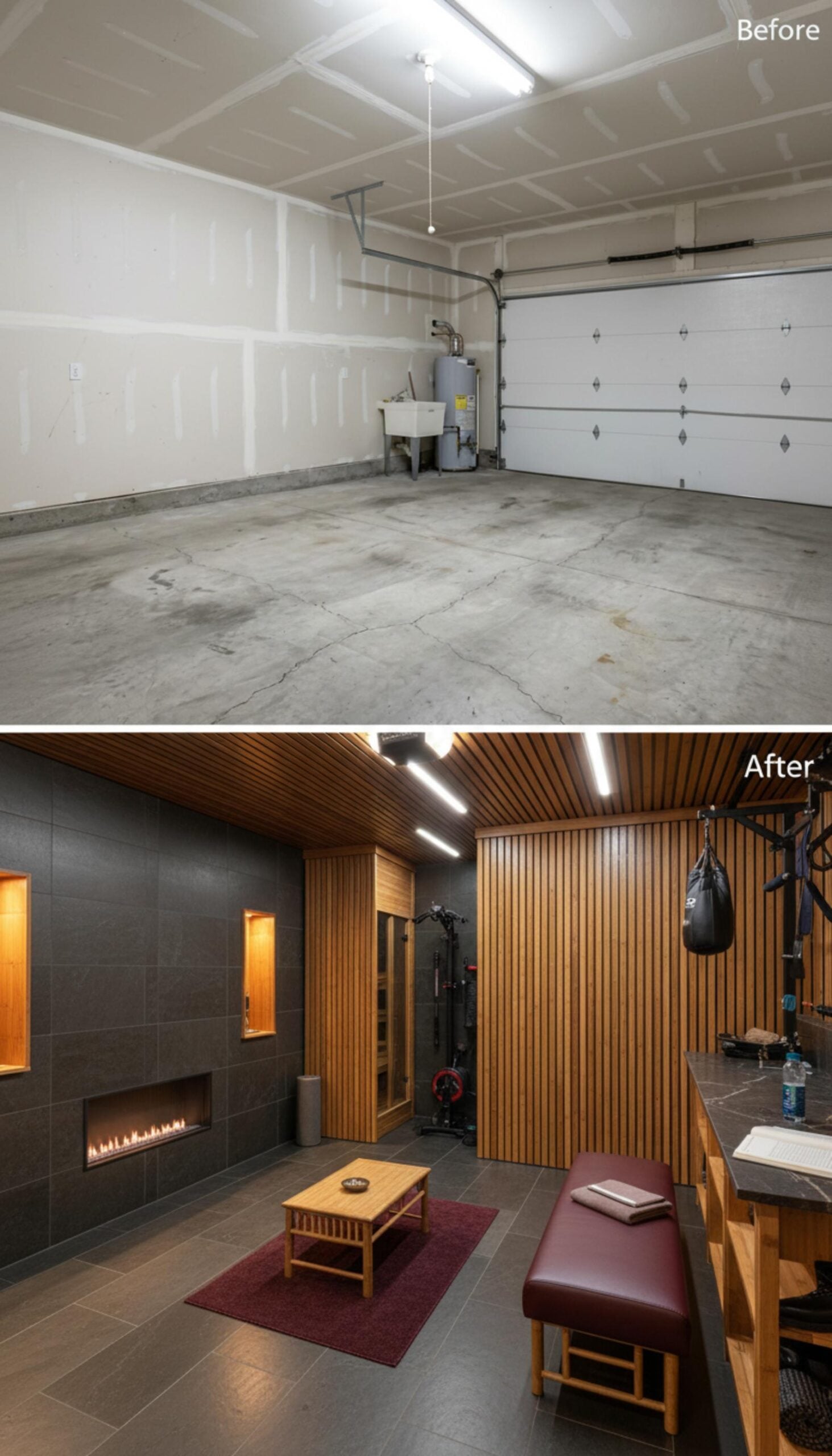 Slate Tile, Cedar Slat Walls, and a Linear Fireplace Reshape One Garage Into a Private Gym Retreat