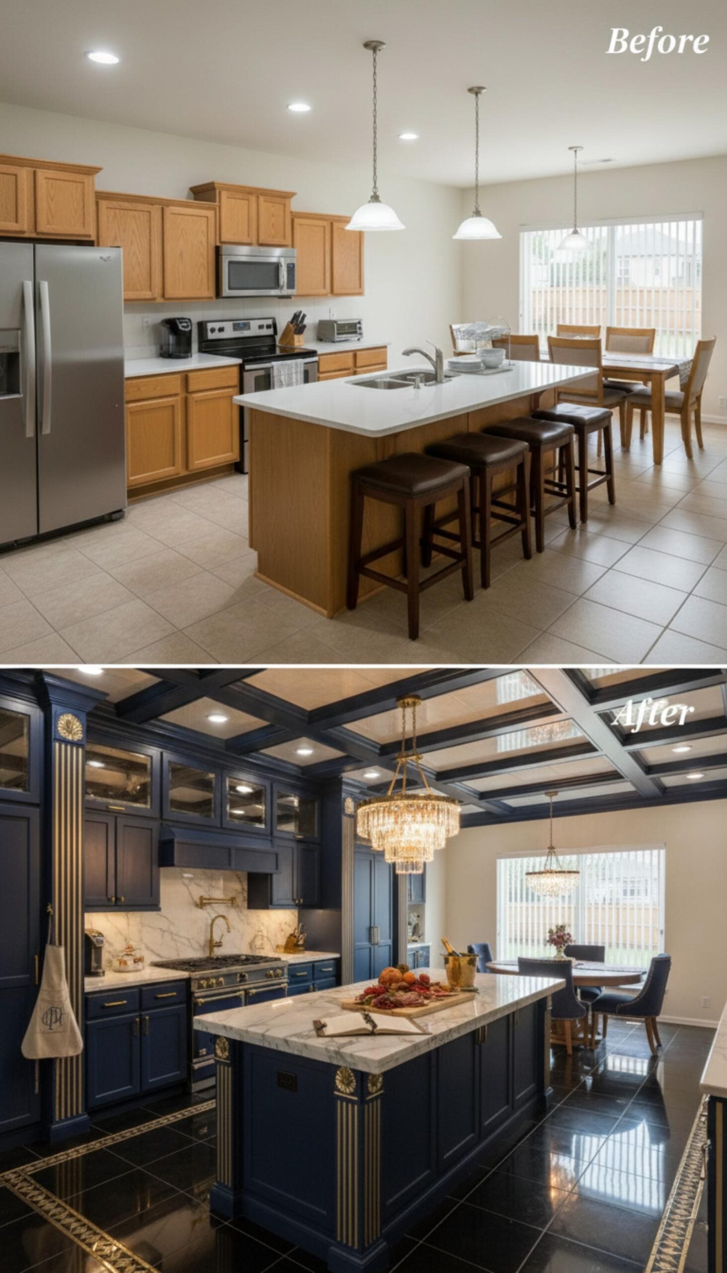 Navy Cabinets, Gold Hardware, and a Coffered Ceiling That Means Business