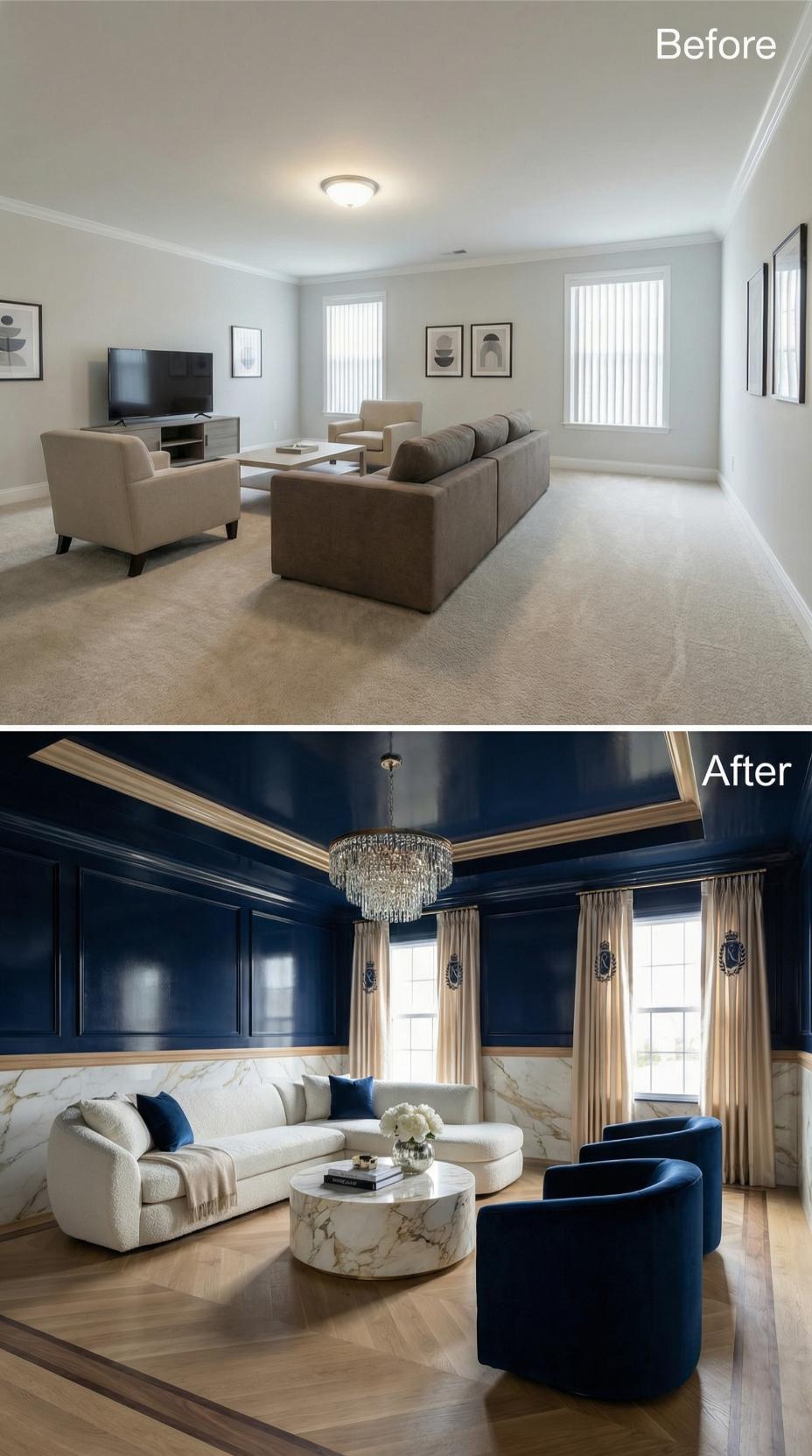 Navy Lacquer Ceilings and Parquet Floors Replaced Every Inch of Builder Beige