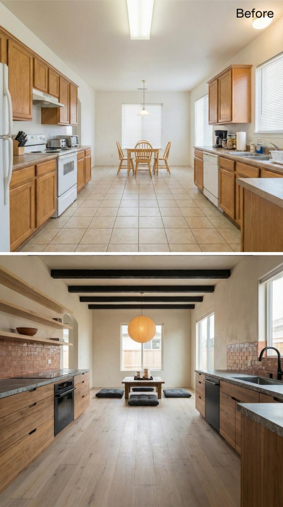 Honey Oak Cabinets Gone, Exposed Black Beams and Zellige Tile Take Over