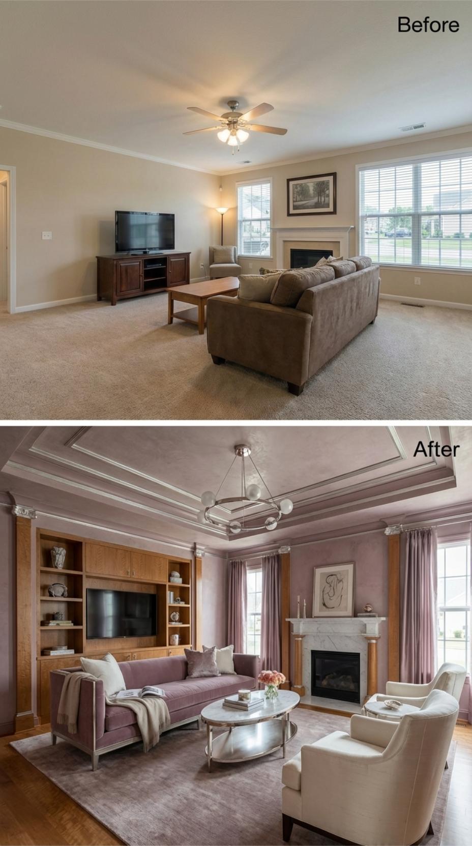 Dusty Rose Plaster Walls and a Tray Ceiling Replace Carpet and a Builder Fan