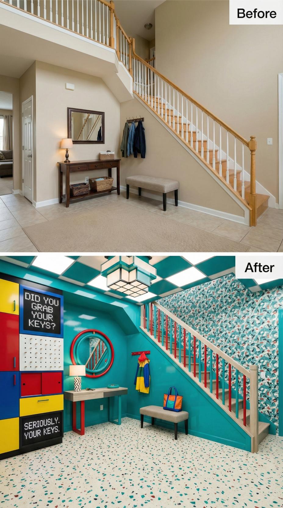 Teal Walls, Mondrian Lockers, and a Scrolling LED Sign Replace Oak and Beige