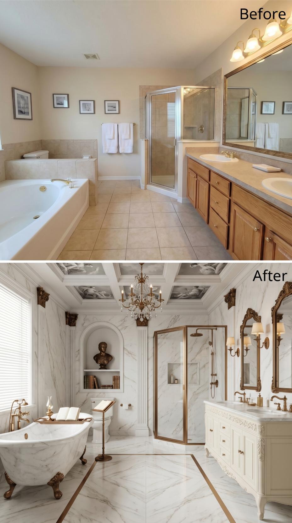 Marble Walls, a Clawfoot Tub on Bronze Feet, and Ceiling Panels That Finished What the Builder Started