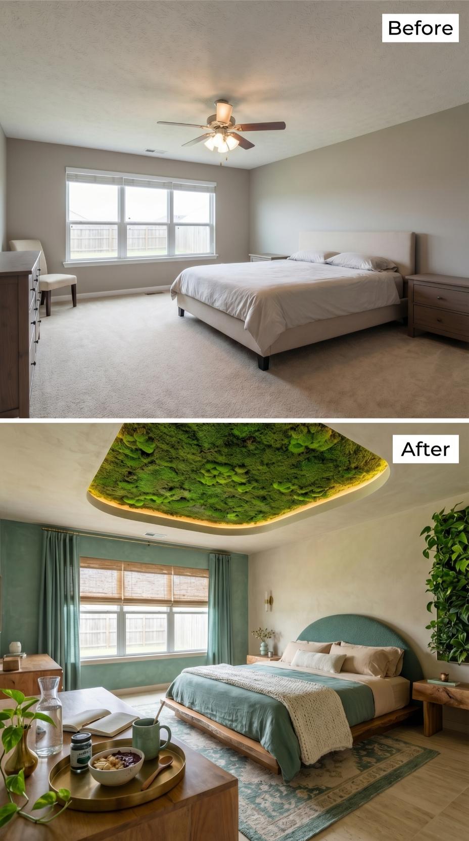 Moss Ceiling Installation and Teal Platform Bed Swap Carpet and Fan for Biophilic Calm