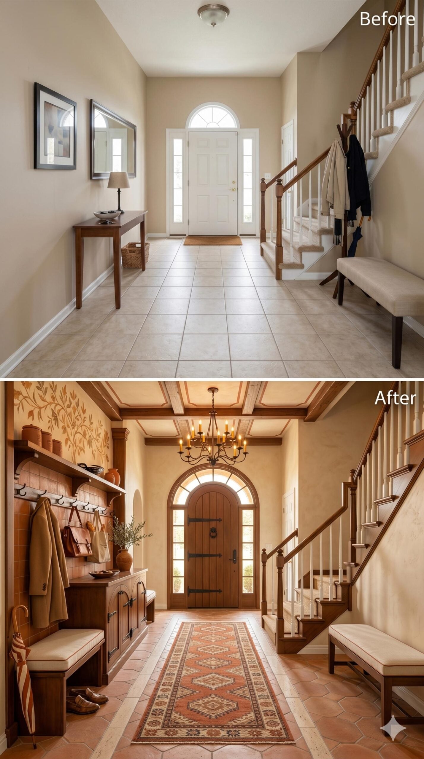 Wrought Iron Chandelier, Coffered Ceiling, and Terracotta Tile Give a Foyer Its Character Back