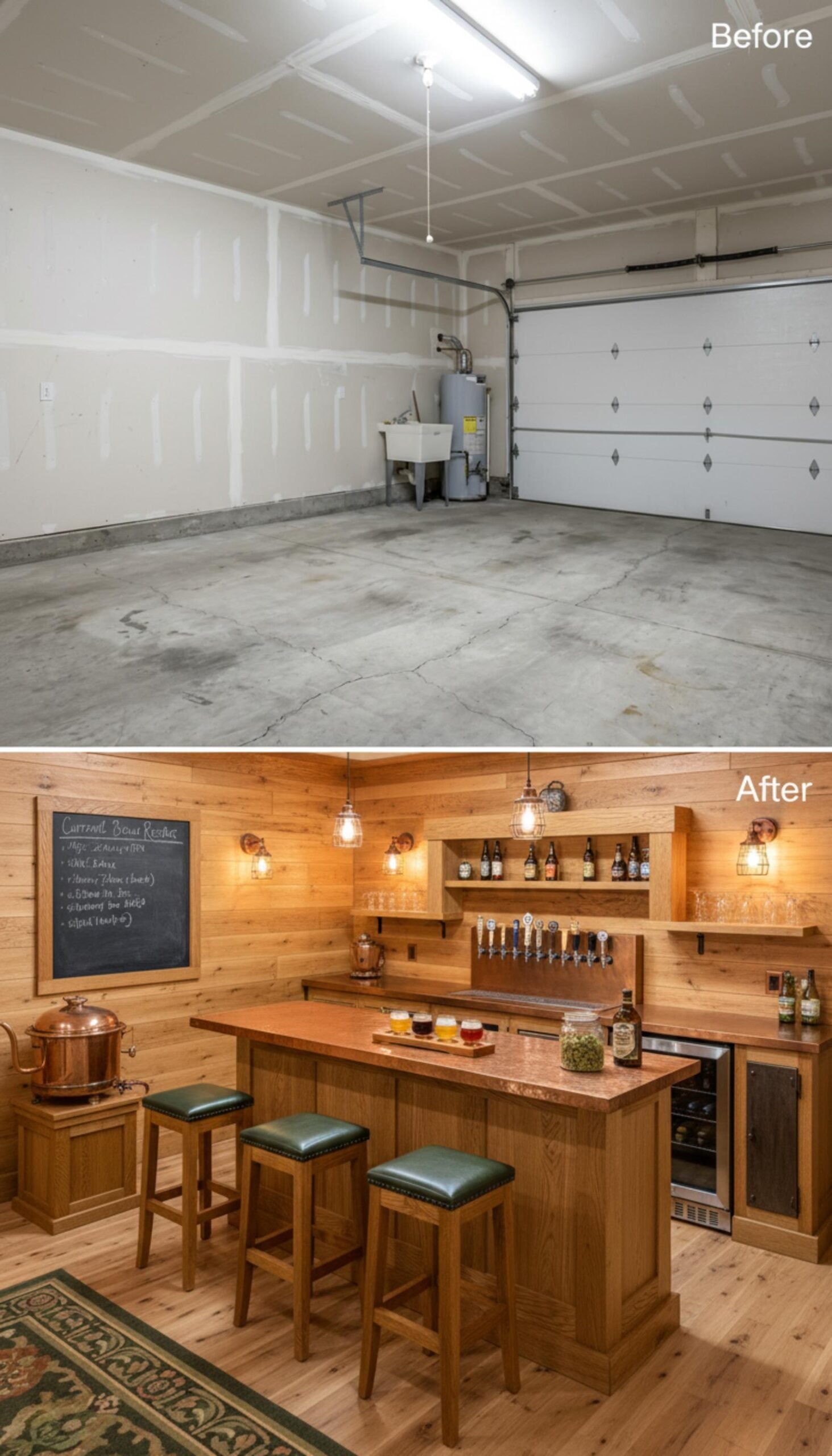 Copper Bar Top, Draft Taps, and Shiplap Walls Build a Garage Into a Craft Brewery Den