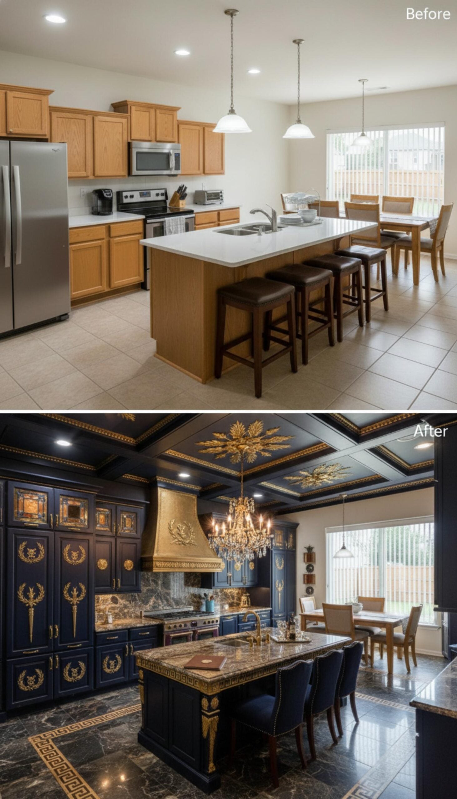 Gold Laurel Appliqués, Black Coffered Ceiling, and Marble Greek Key Floors Declare a New Hierarchy
