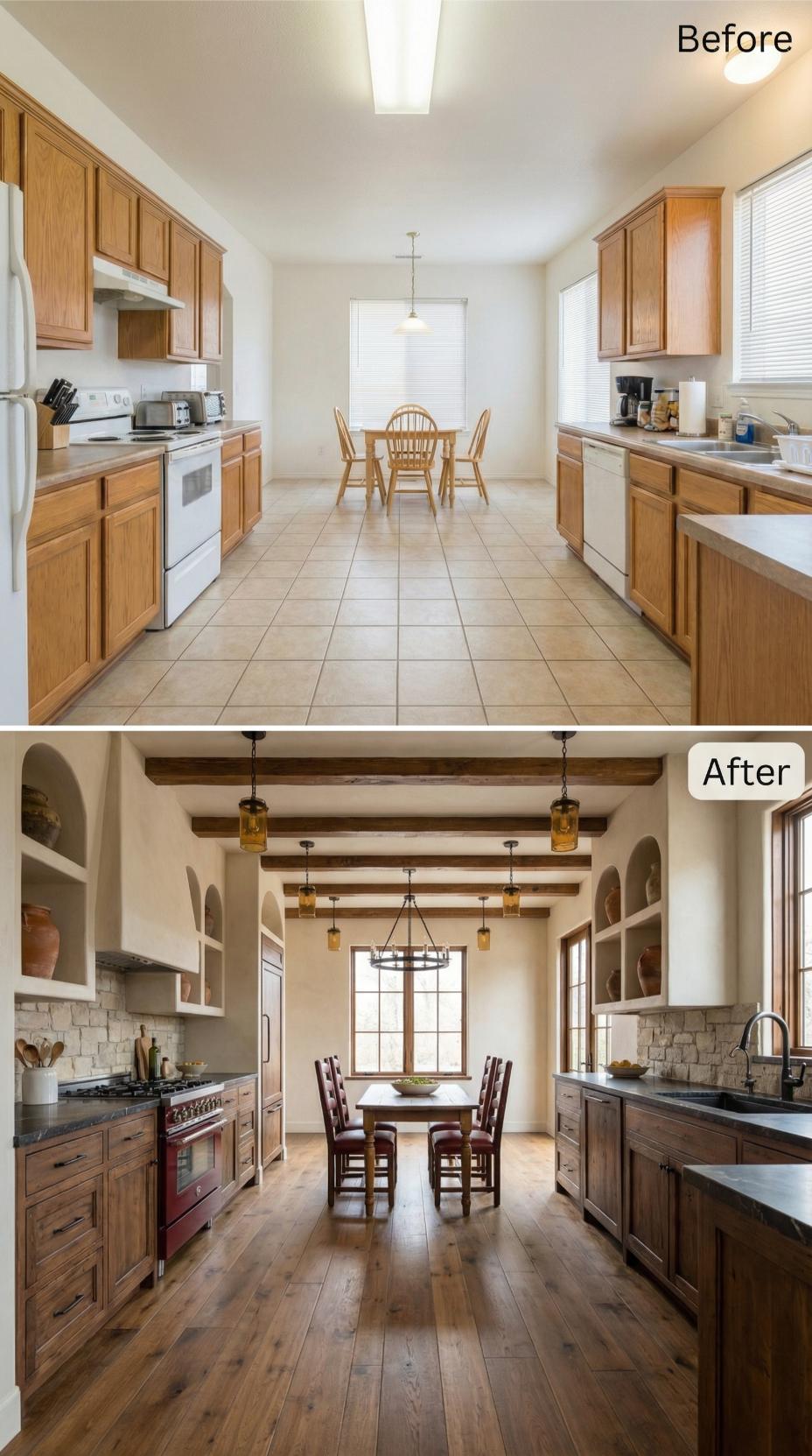 Exposed Ceiling Beams and Stone Backsplash Closed the Case on Honey Oak and Flat Tile