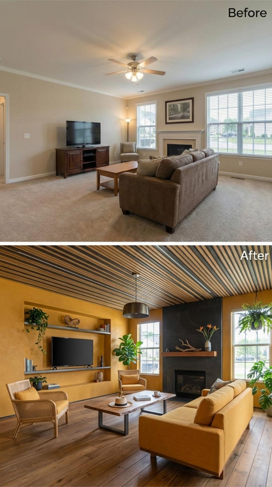 Slat Ceiling Strips and Mustard Plaster Walls Bury a Beige Subdivision Room Entirely