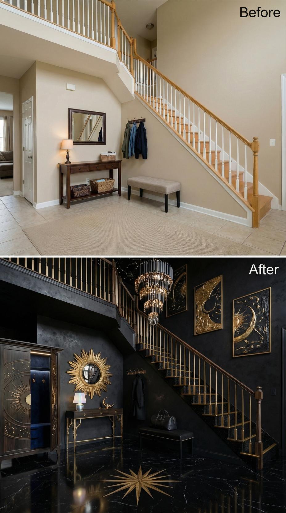 Celestial Black and Gold Swallows a Beige Foyer Whole