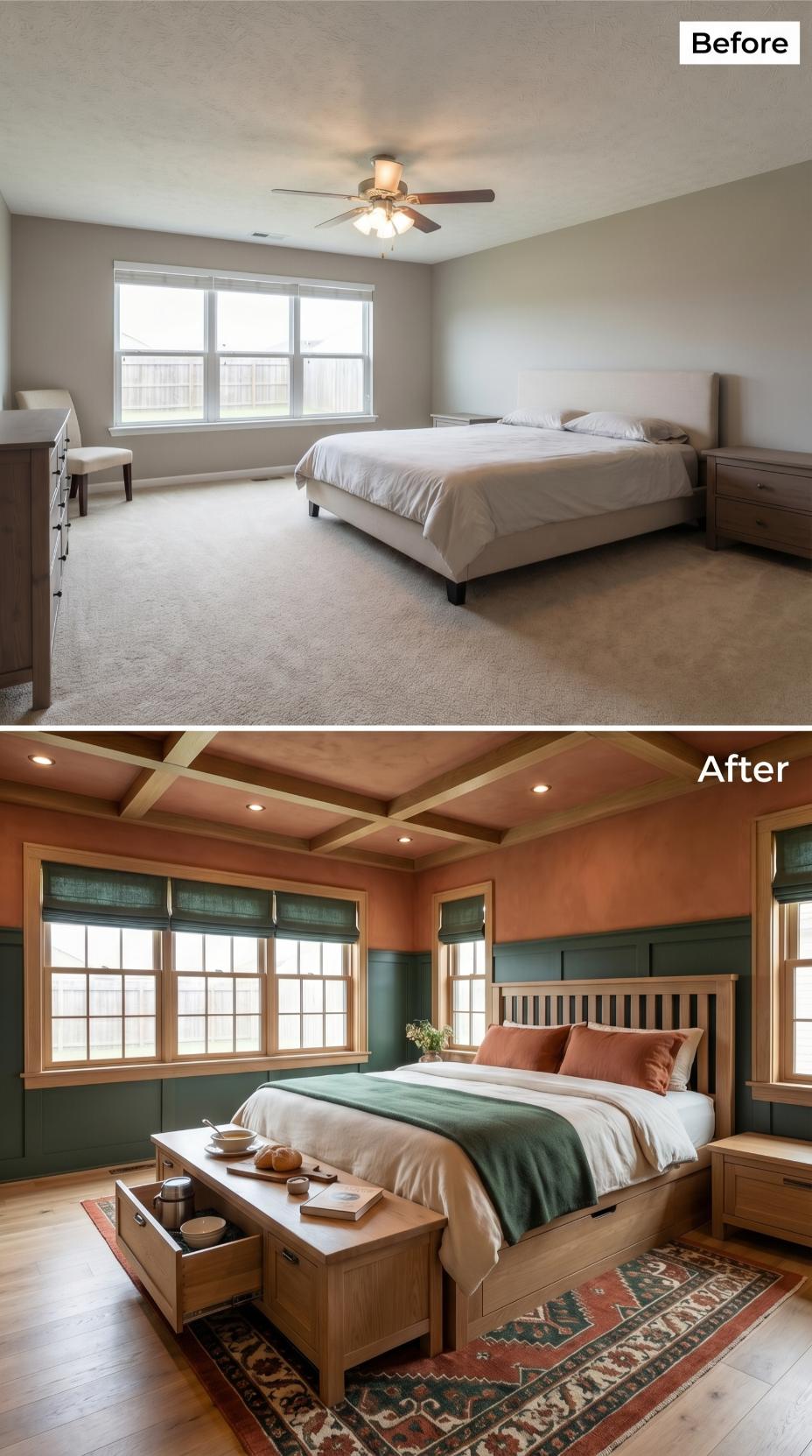 Coffered Oak Ceiling and Terracotta Plaster Walls Retire the Builder Fan for Good