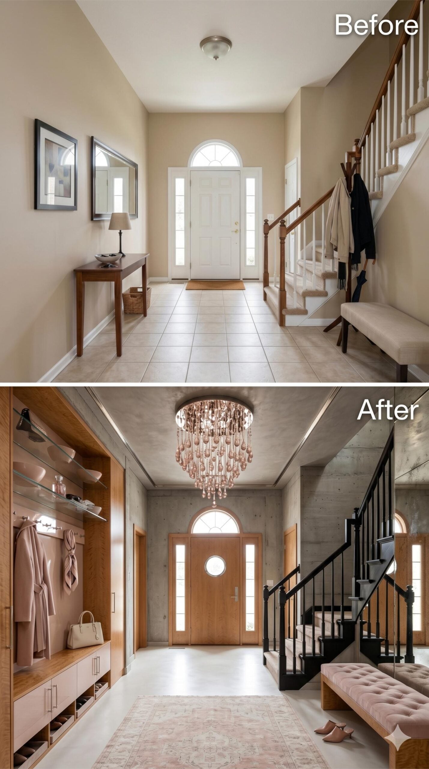 Concrete Walls, Rose Crystal Chandelier, and Oak Built-Ins Give a Foyer Real Purpose