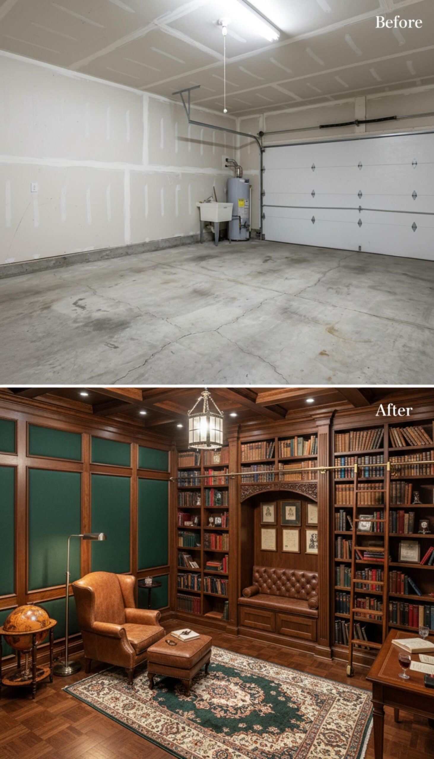Dark Walnut Millwork and Hunter Green Panels Build a Garage Into a Private Library
