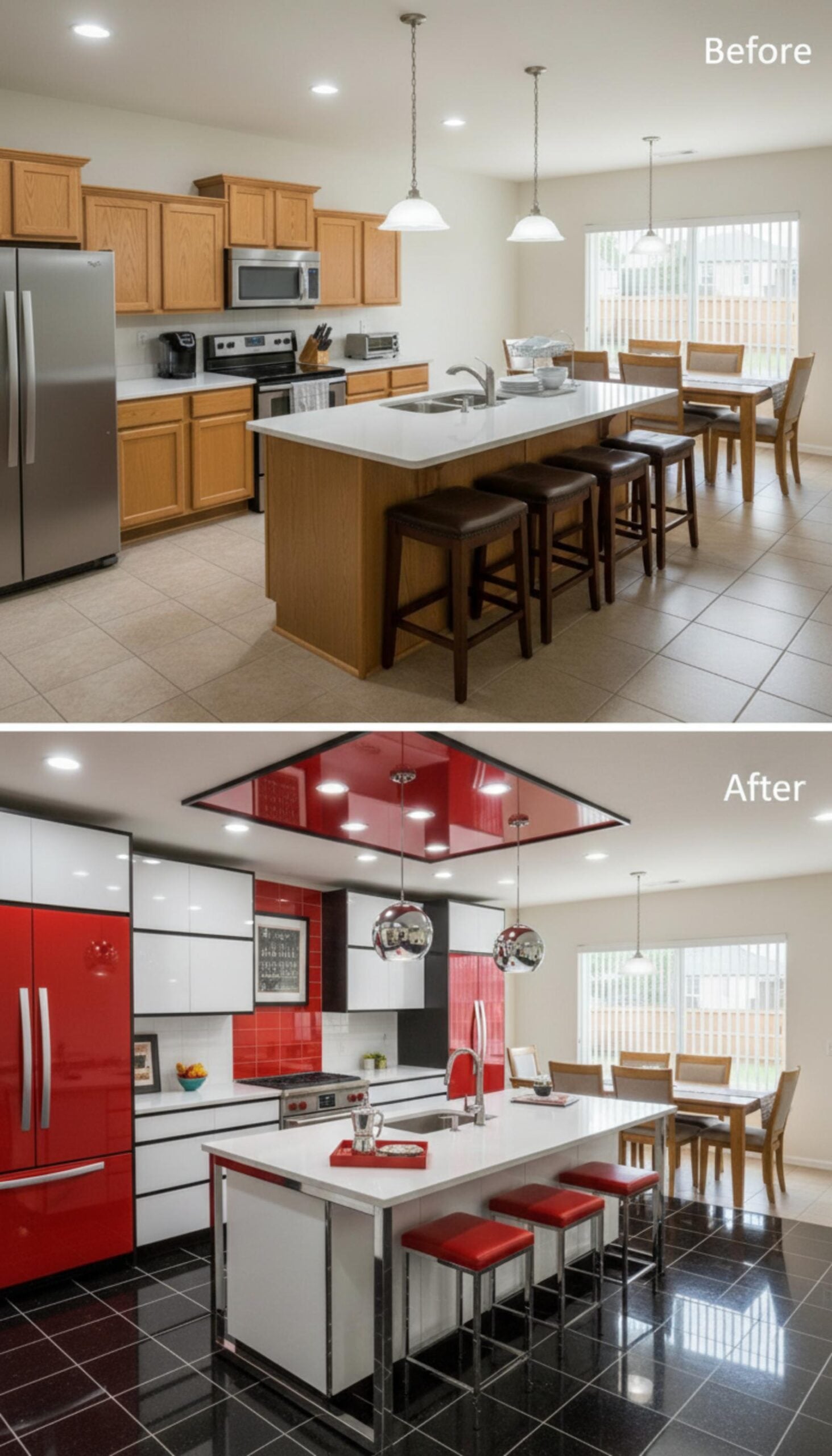 Red Lacquer Fridge, Glossy White Flat-Fronts, and a Floating Ceiling Panel That Changes the Room's Atmosphere