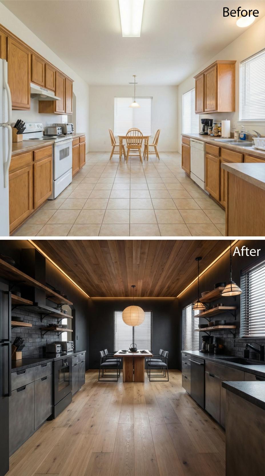 Charcoal Cabinets and a Wood-Plank Ceiling Sent the Honey Oak Into Retirement