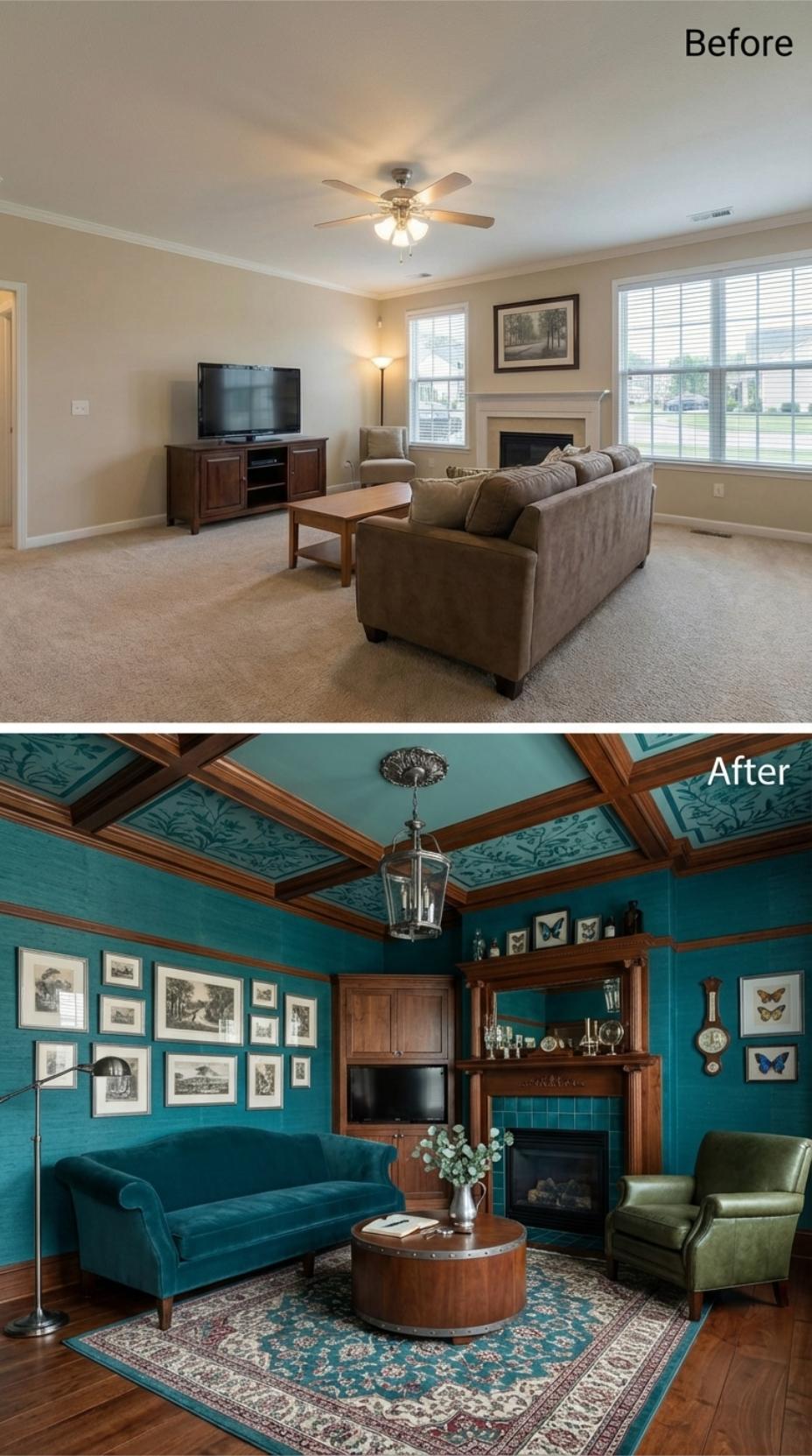 Teal Grasscloth Walls and Coffered Wood Beams Bury a Beige Subdivision Room Completely