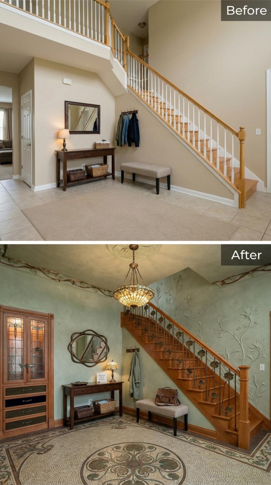 Sage Plaster Walls, Ginkgo Balusters, and Mosaic Tile Replace Oak and Builder Beige