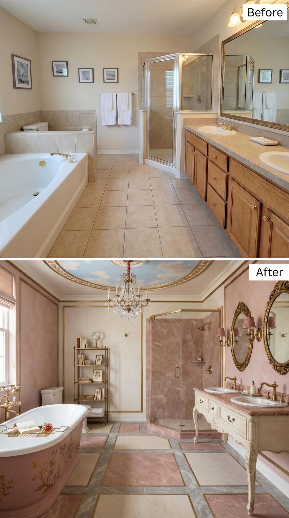 Blush Venetian Plaster, a Crystal Chandelier, and a Painted Clawfoot Tub That Retired the Oak Vanity