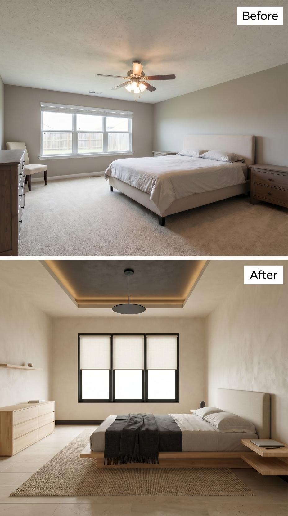 Lime-Washed Plaster Walls and a Coffered Pendant Ceiling Retire the Carpet and Fan