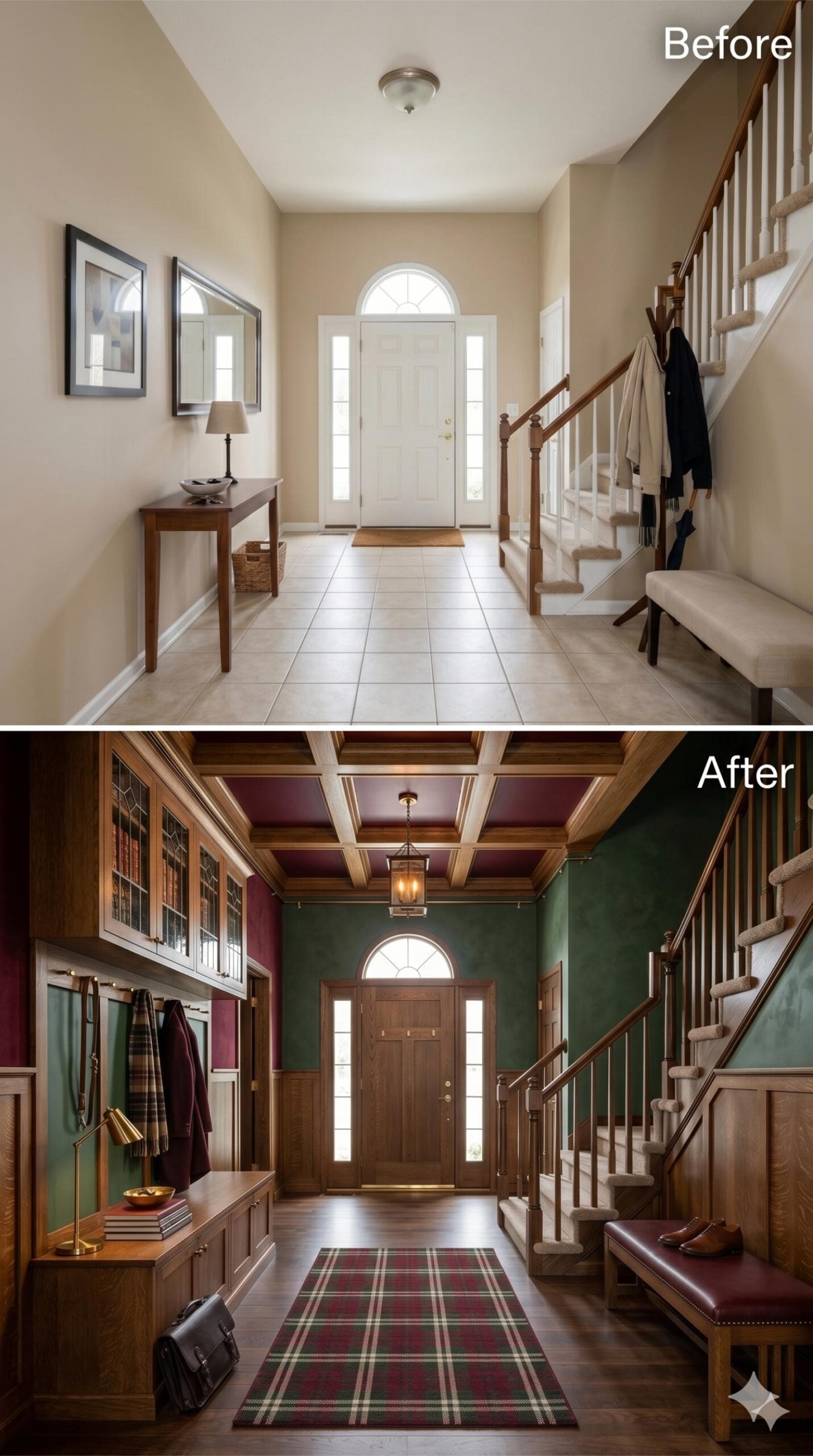 Plaid Runner, Coffered Ceiling, and Burgundy Leather Give a Foyer Real Gravity