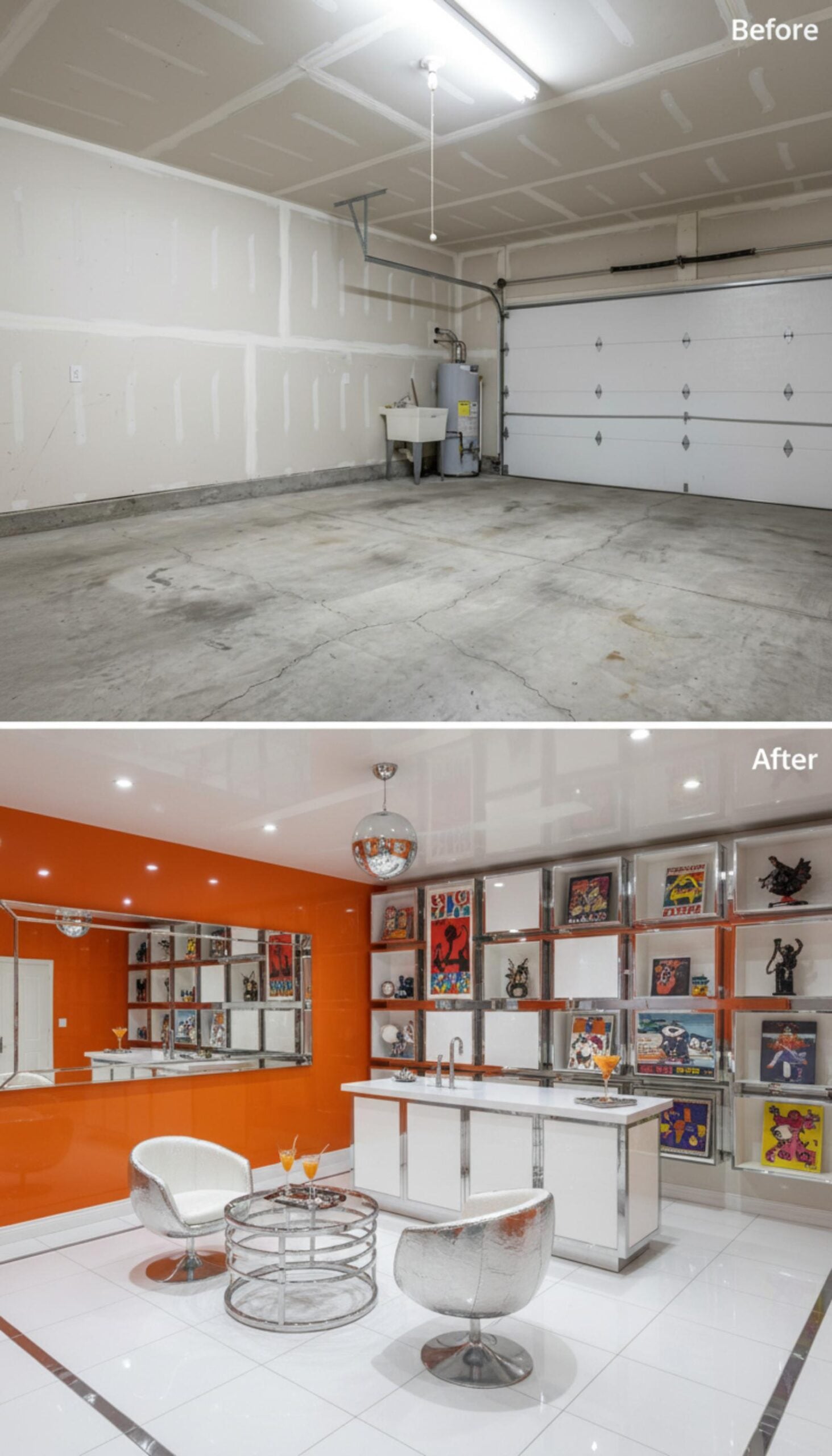 Chrome Shelving, a Disco Ball Pendant, and Bold Orange Walls Build a Retro Garage Bar