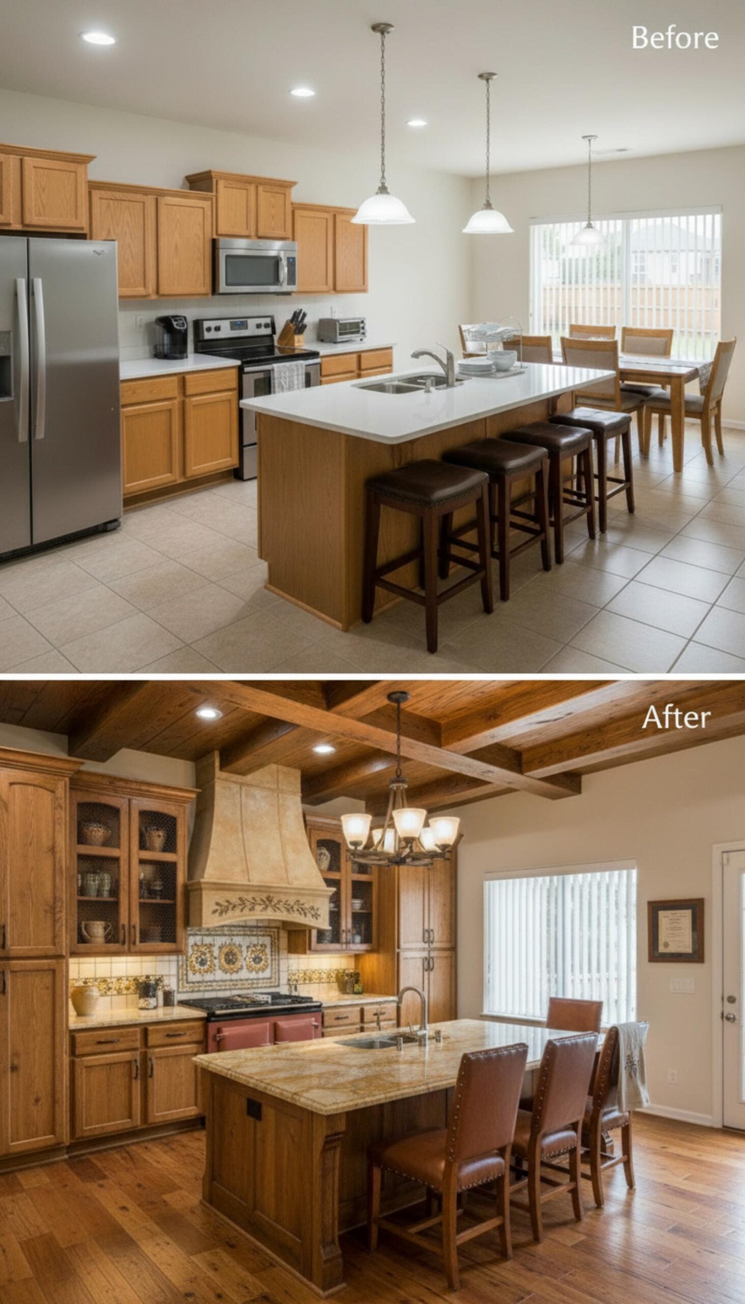 Exposed Beam Coffered Ceiling, Hand-Painted Range Hood Tile, and Knotty Oak Cabinets Lock In a Tuscan Register